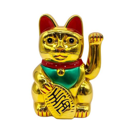 Szerencsét hozó maneki-neko,  japán "integető" macska - arany