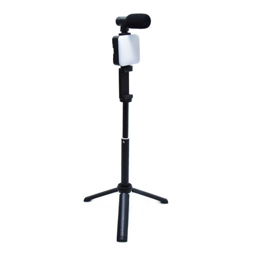 Teleszkópos streamer tripod mikrofonnal, fénnyel