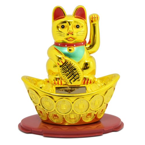 Szerencsét hozó maneki-neko,  japán "integető" macska - arany (MLY358)